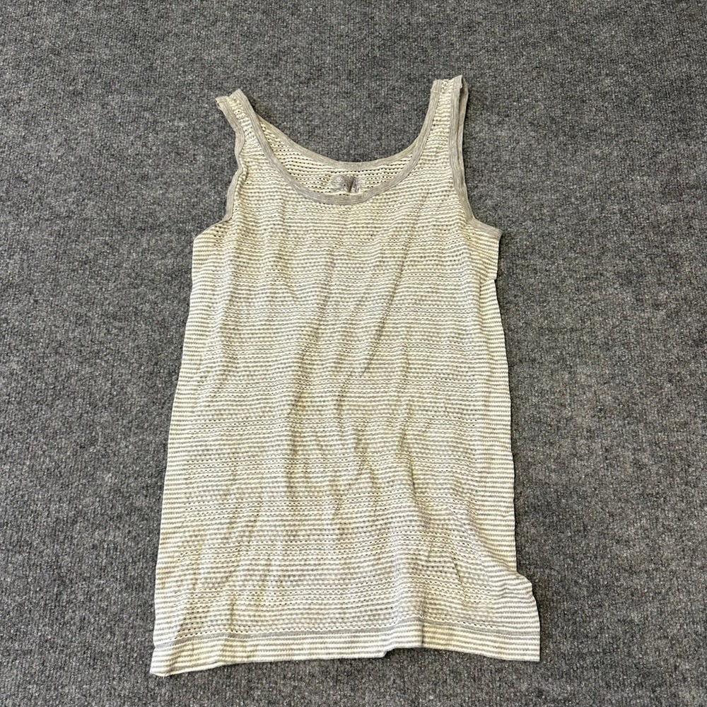 Gap Tank Top Womens Size Large Gray White Striped Pointelle Knit Scoop Neck